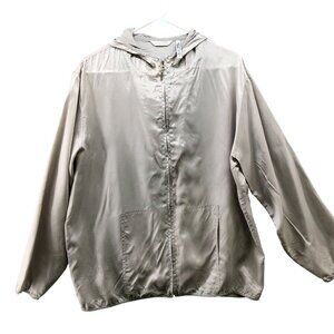 VTG Clothes Silky‎ Jacket Womens L Gray Windbreaker Lightweight Hooded Full Zip